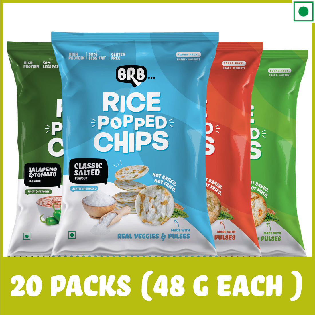 Rice Popped Chips -  20 Packs (48 Grams Each) - 4 Flavours X 5 Packs